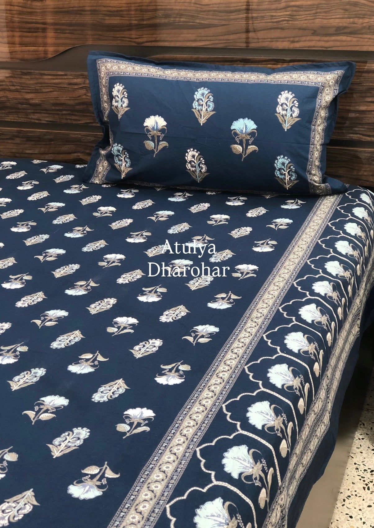 Blue Floral Motifs Cotton Super King Bedsheet