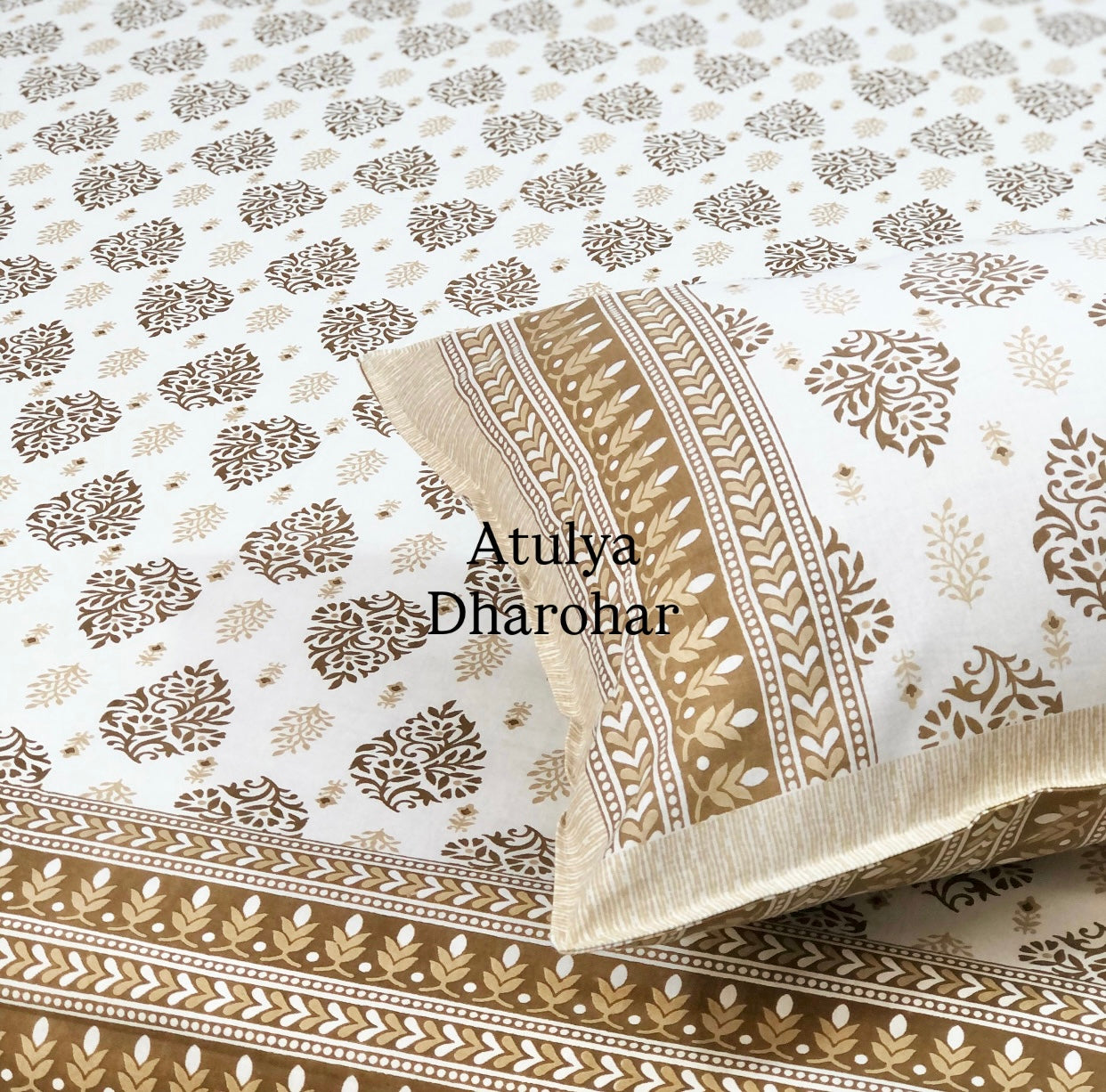 Brown Mughal Motifs Cotton King Size Bedsheet