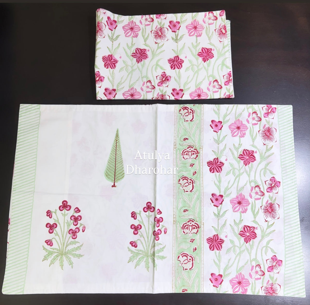 Pink and Green Floral Motifs Percale Cotton Hand Block Printed Super King Bedsheet
