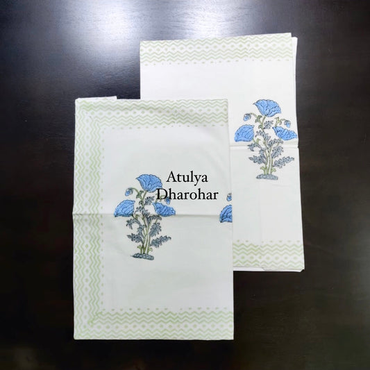 Blue Floral Percale Cotton Hand Block Pillow Covers