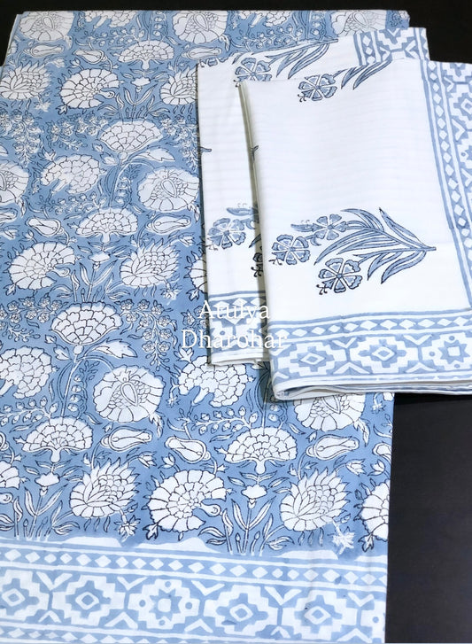 Blue Floral Jaal Hand Block Printed Super King Cotton Bedsheet