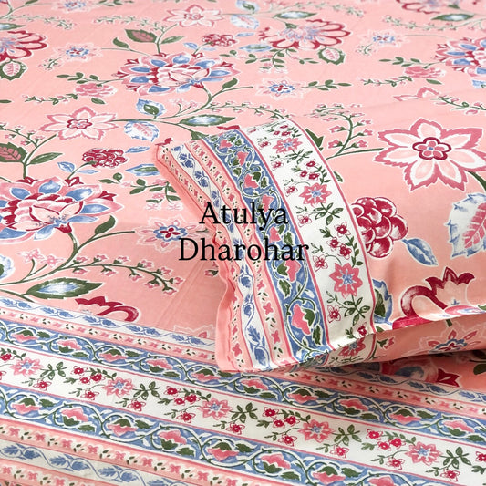 Peach Floral Jaal Cotton Super King Bedsheet