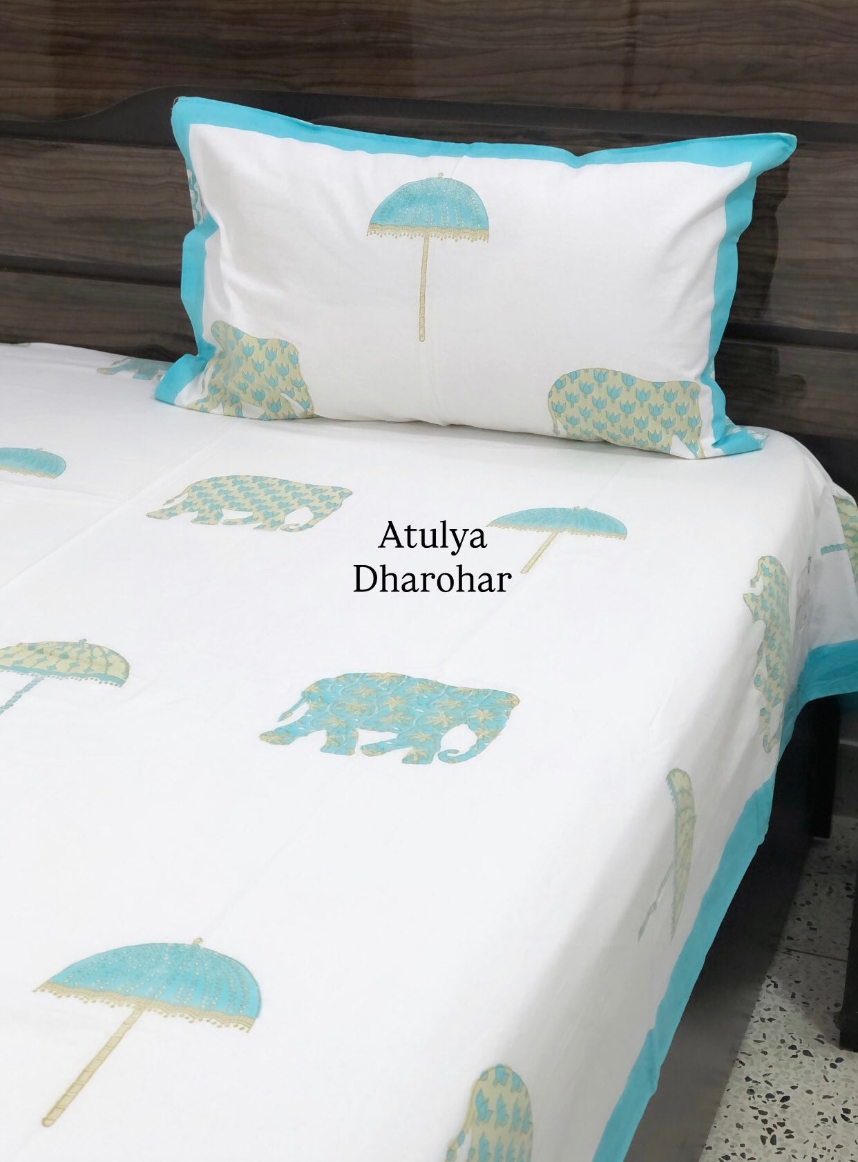 Elephant and Umbrella Motifs Cotton Hand Block Super King Bedsheet