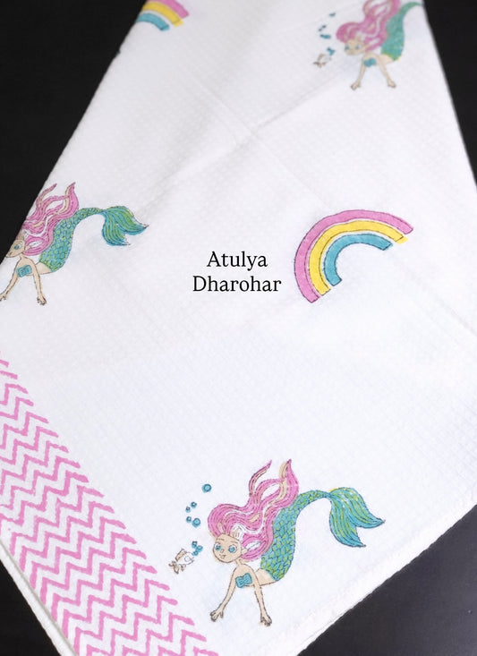 Mermaid with Rainbow Hand Block Printed Waffle Cotton Kids Towel