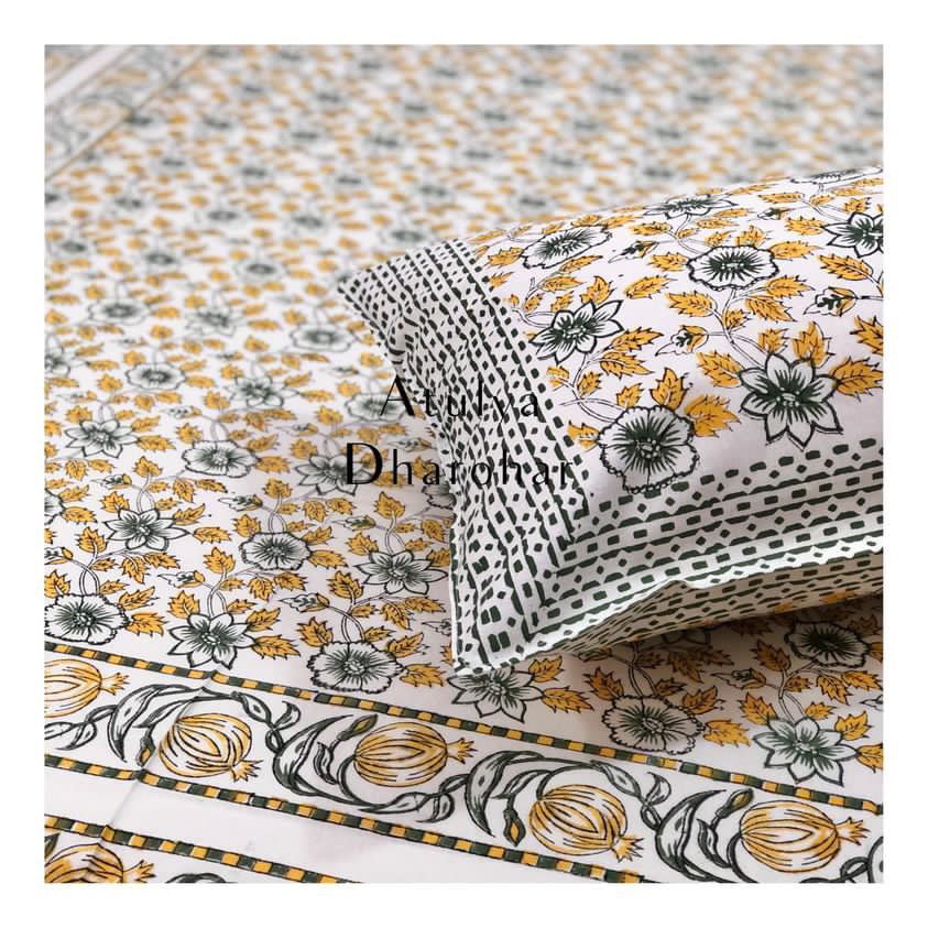 Yellow Floral Jaal Single Hand Block Bedsheet