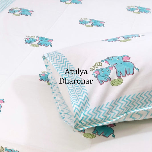 Mom and Baby Elephant Playing Kids Hand Block Printed Single Bedsheet