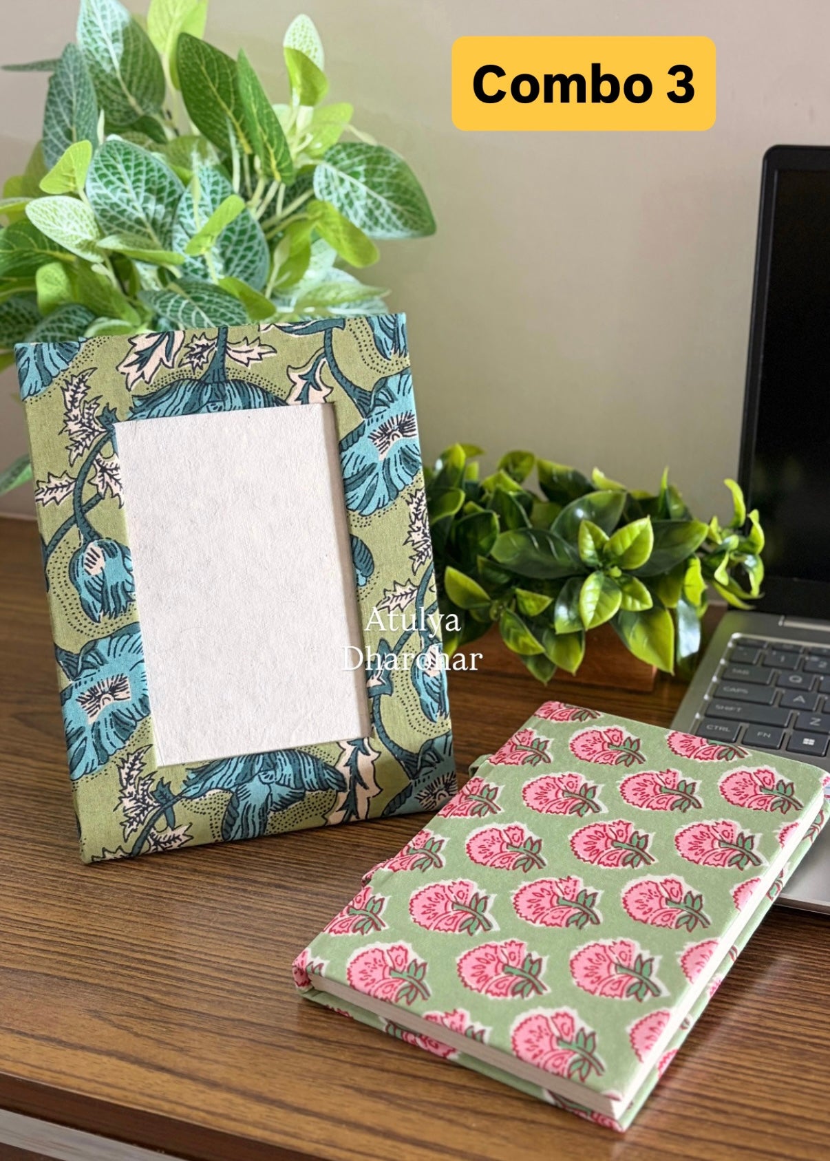 Block Print Handmade Paper Photo Frame and Journal Combo
