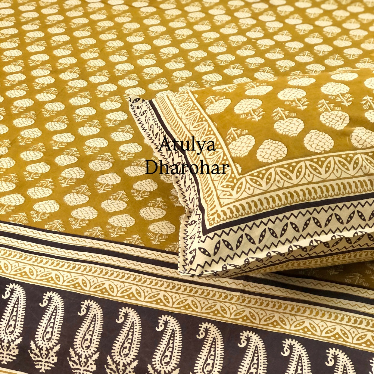 Greenish Mustard Cotton Kalamkari Super King Bedsheet