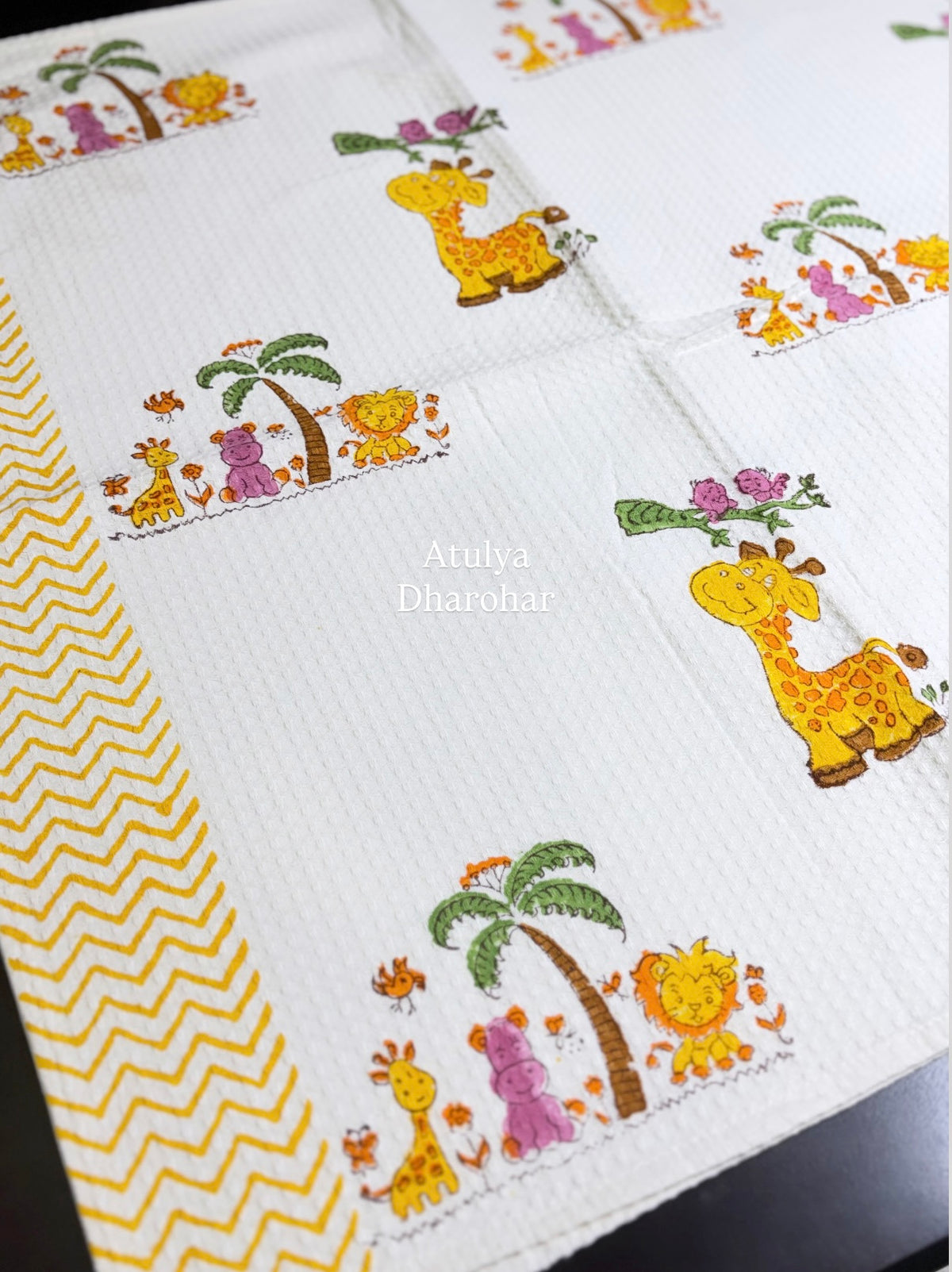 Jungle Theme Hand Block Printed Waffle Cotton Kids Towel