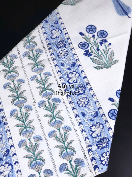 Blue and Green Floral Motifs Hand Block Printed Waffle Cotton Towel