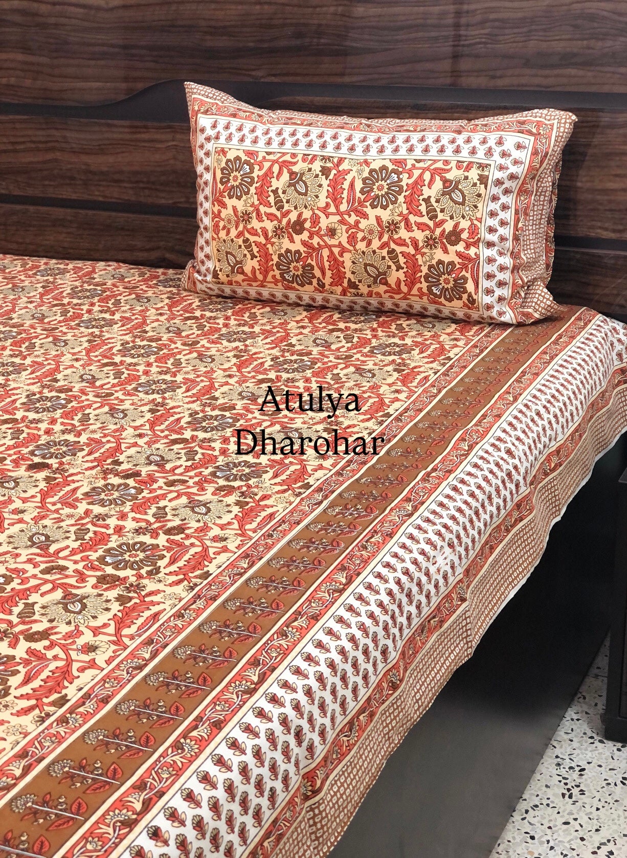 Rust and Green Floral Jaal Cotton King Size Bedsheet