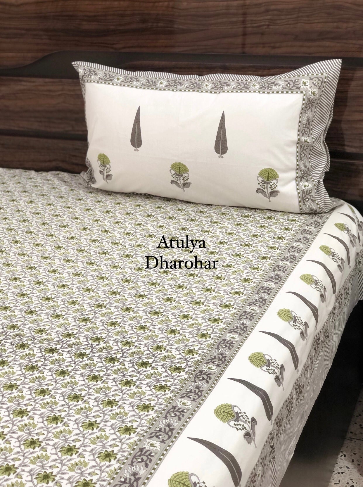 Green and Grey Floral Jaal Bedsheet