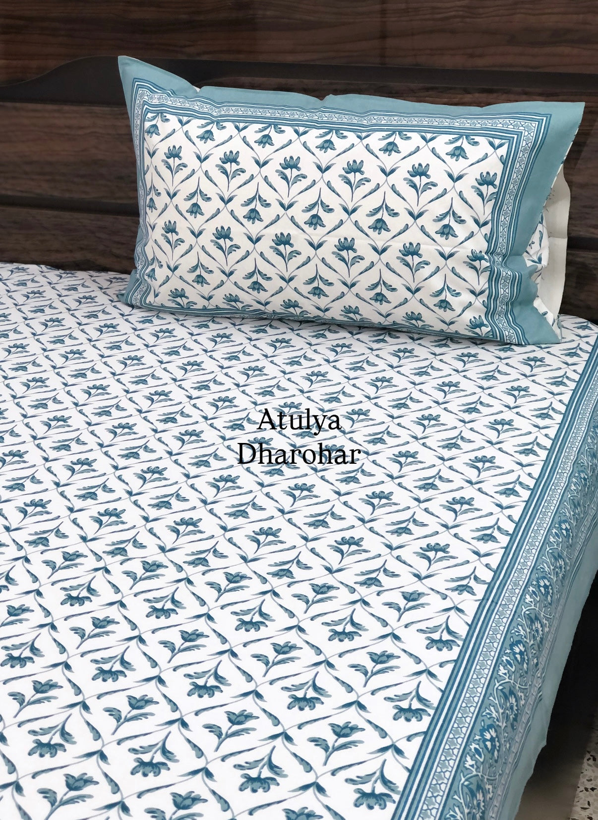 Blue Grey Floral Mughal Jaal Cotton King Size Bedsheet