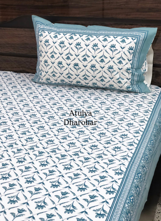Blue Grey Floral Mughal Jaal Cotton King Size Bedsheet