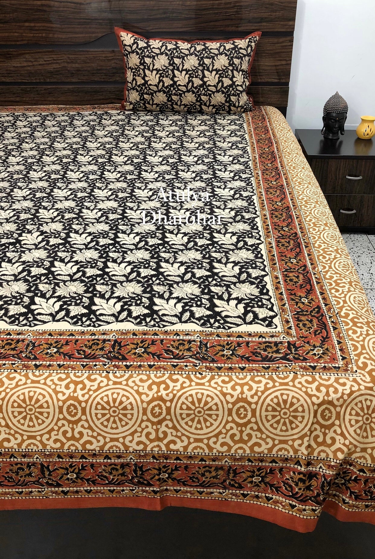 Black Kalamkari Hand Block Printed Super King Bedsheet