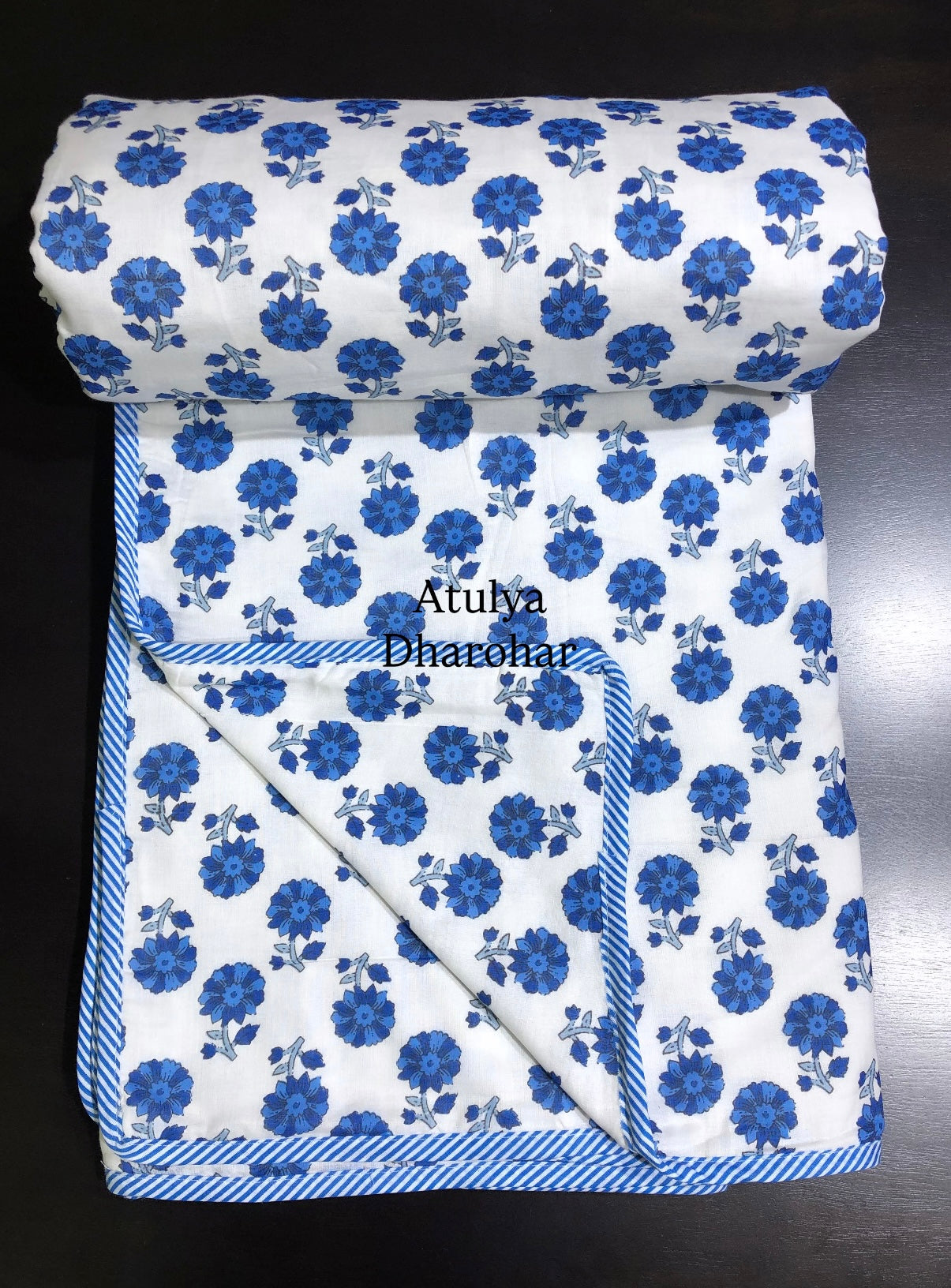 Blue Floral Motifs Mulmul Double Bed Dohar