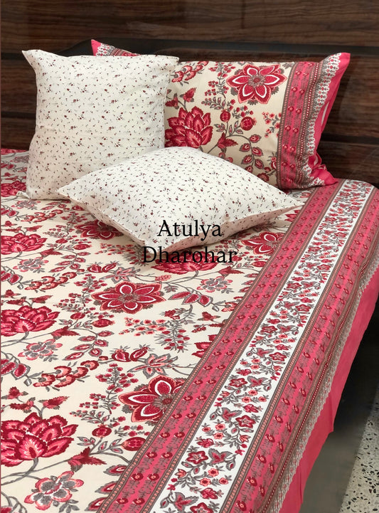 Pink Floral Jaal Cotton King Size Bedsheet