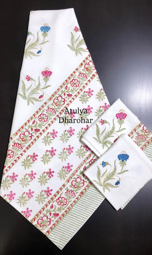 Pink and Blue Floral Motifs Hand Block Waffle Cotton Towel Set