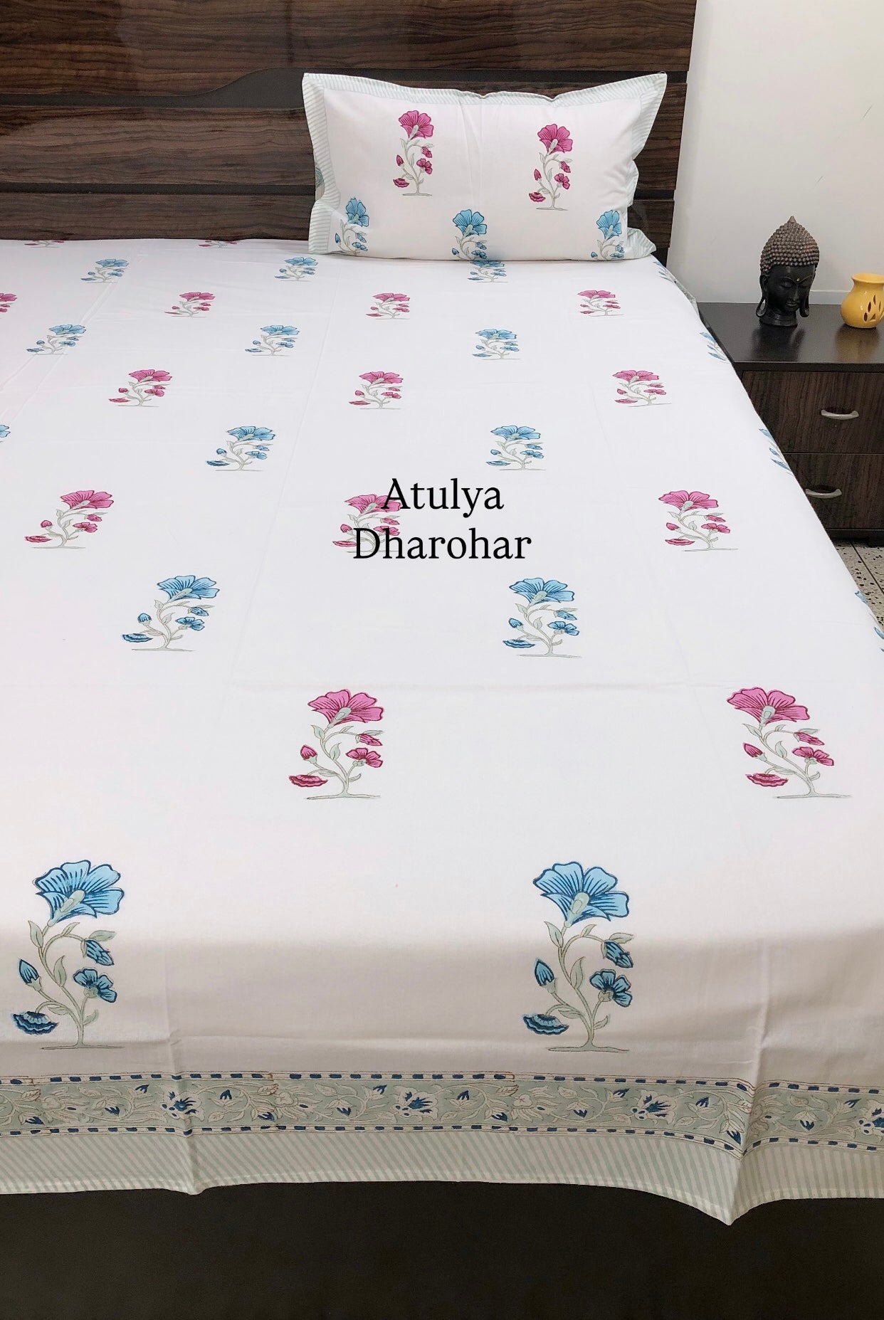 Blue and Pink Floral Motifs Cotton Hand Block Super King Bedsheet