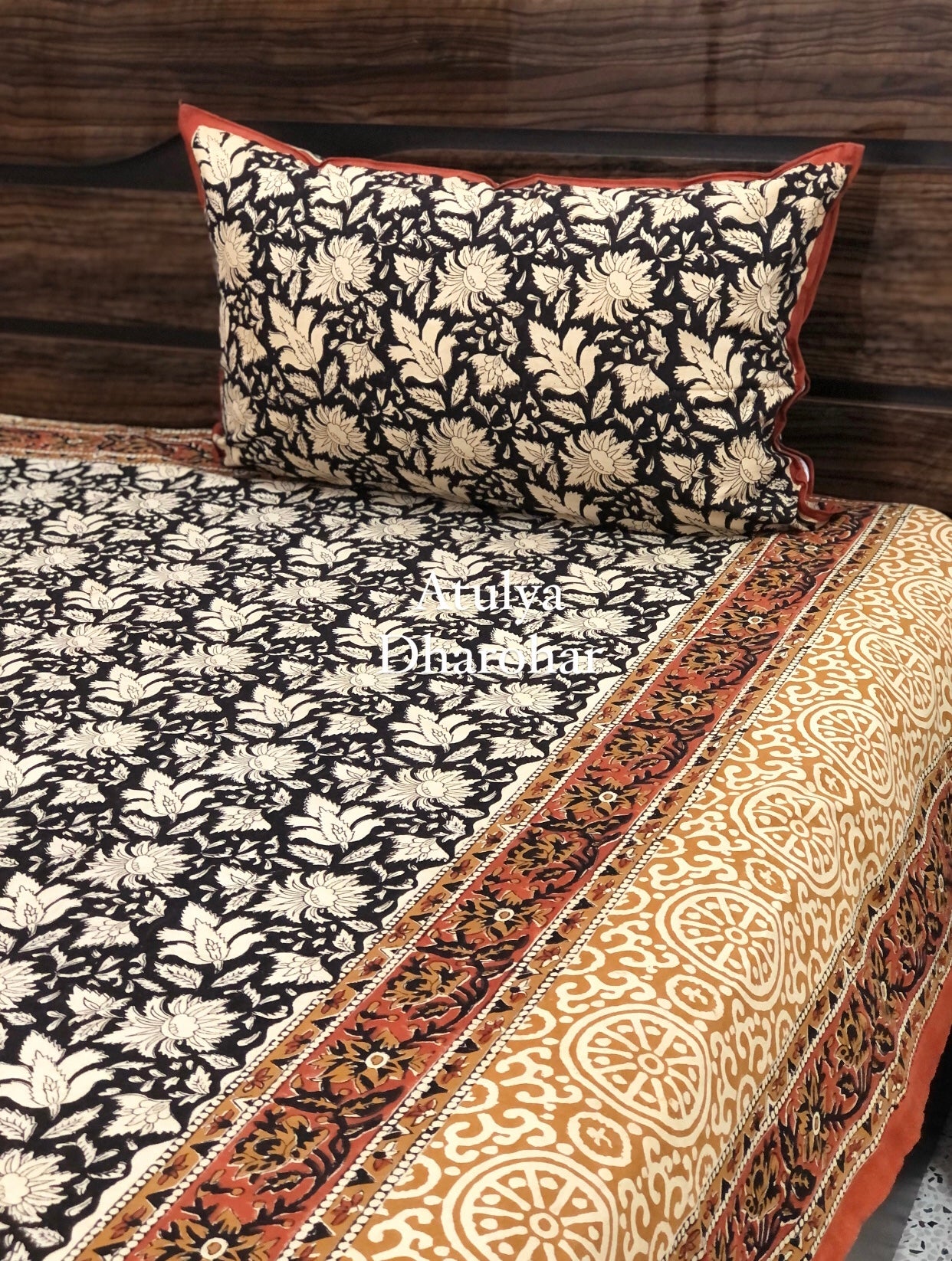 Black Kalamkari Hand Block Printed Super King Bedsheet