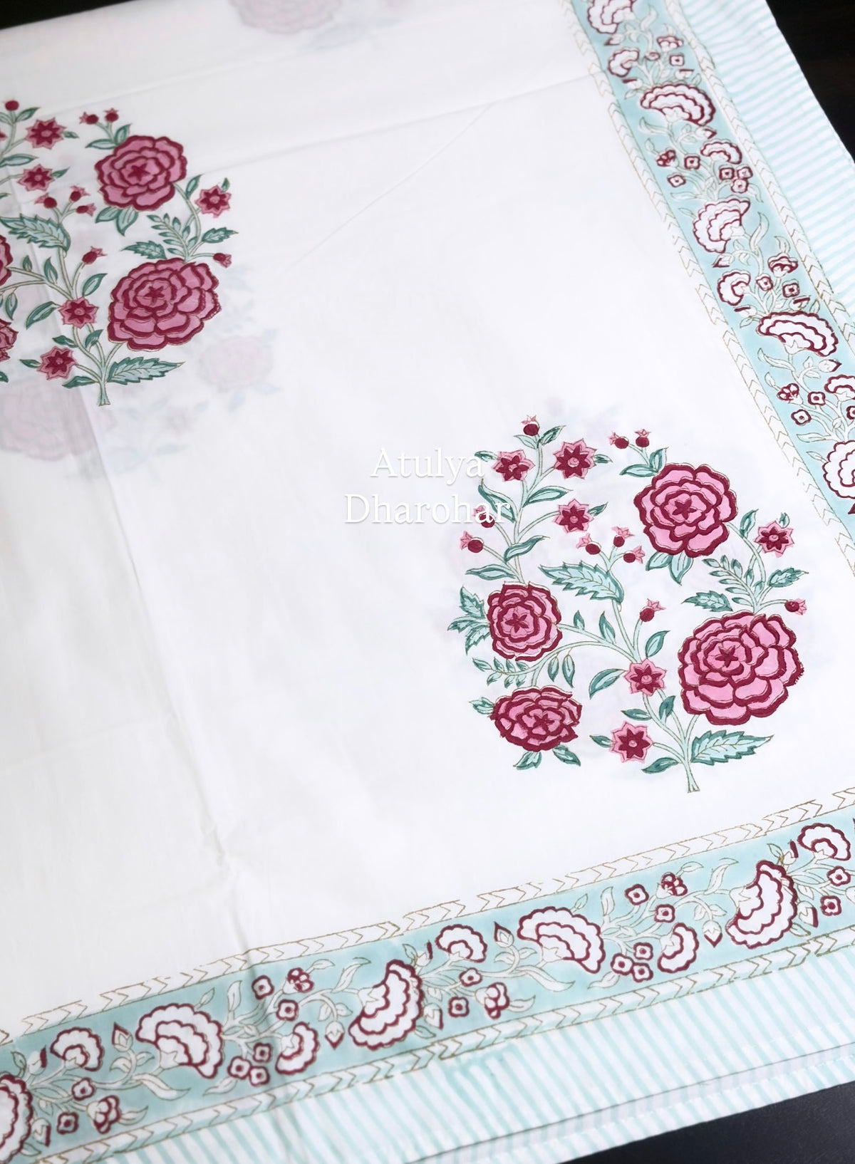 Pink Floral Motifs Percale Cotton Hand Block Printed Super King Bedsheet