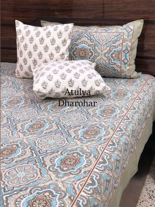 Grey and Blue Ikat Cotton King Size Bedsheet