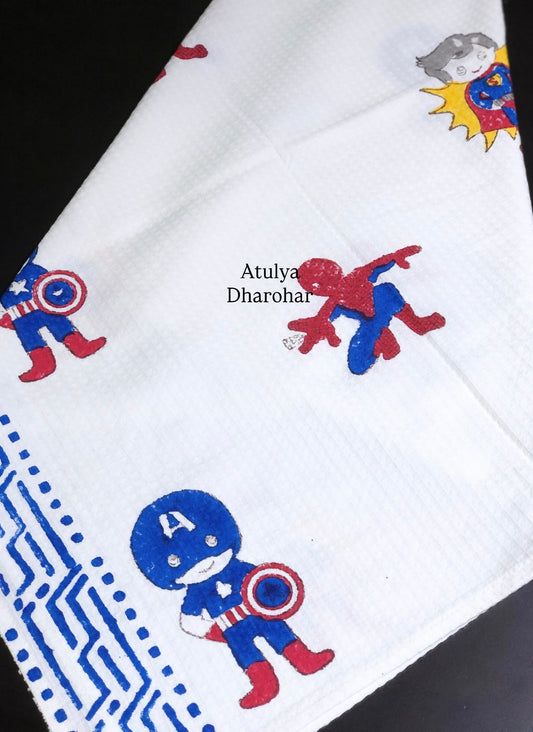 Spiderman, Superman and Captain America Superhero Hand Block Printed Waffle Cotton Kids Towel