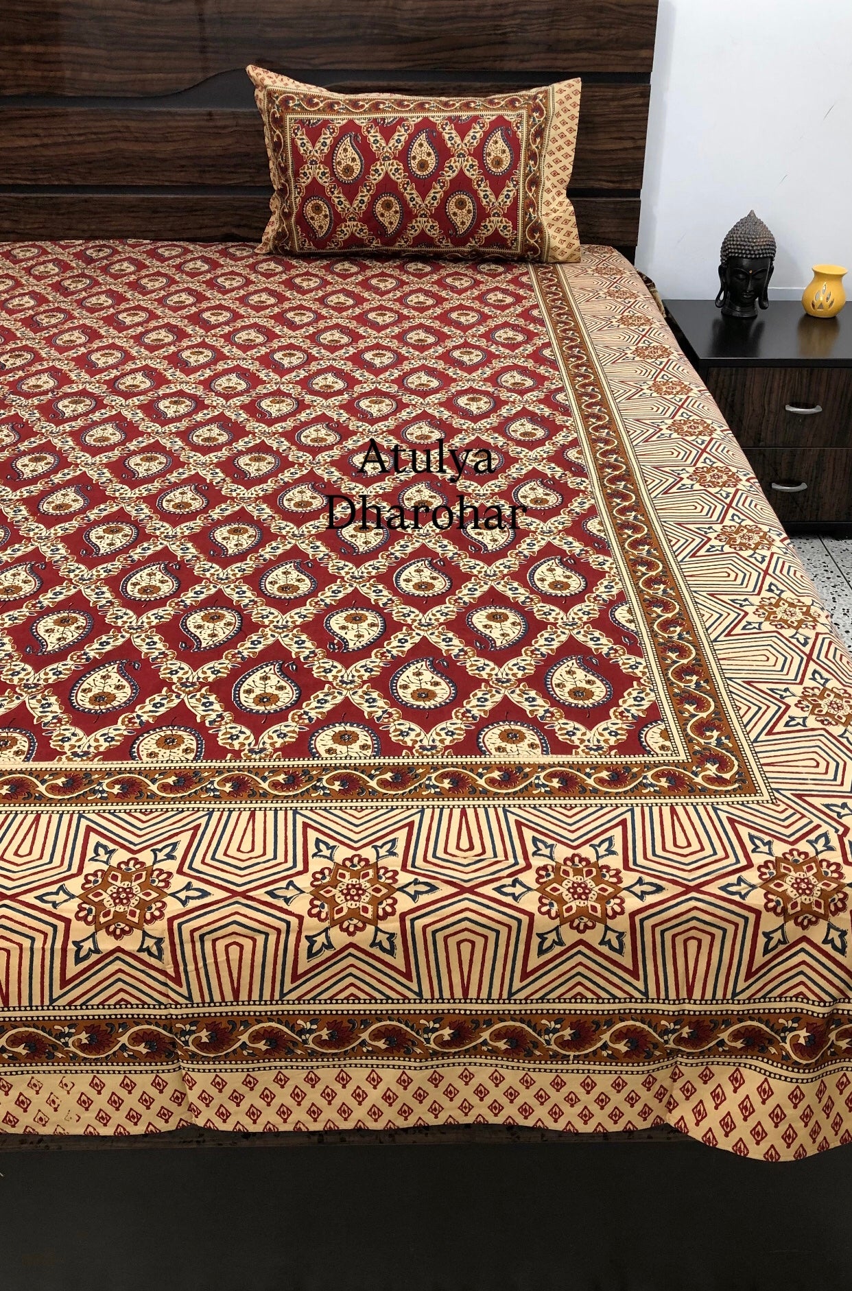 Maroon Kalamkari Cotton Super King Bedsheet