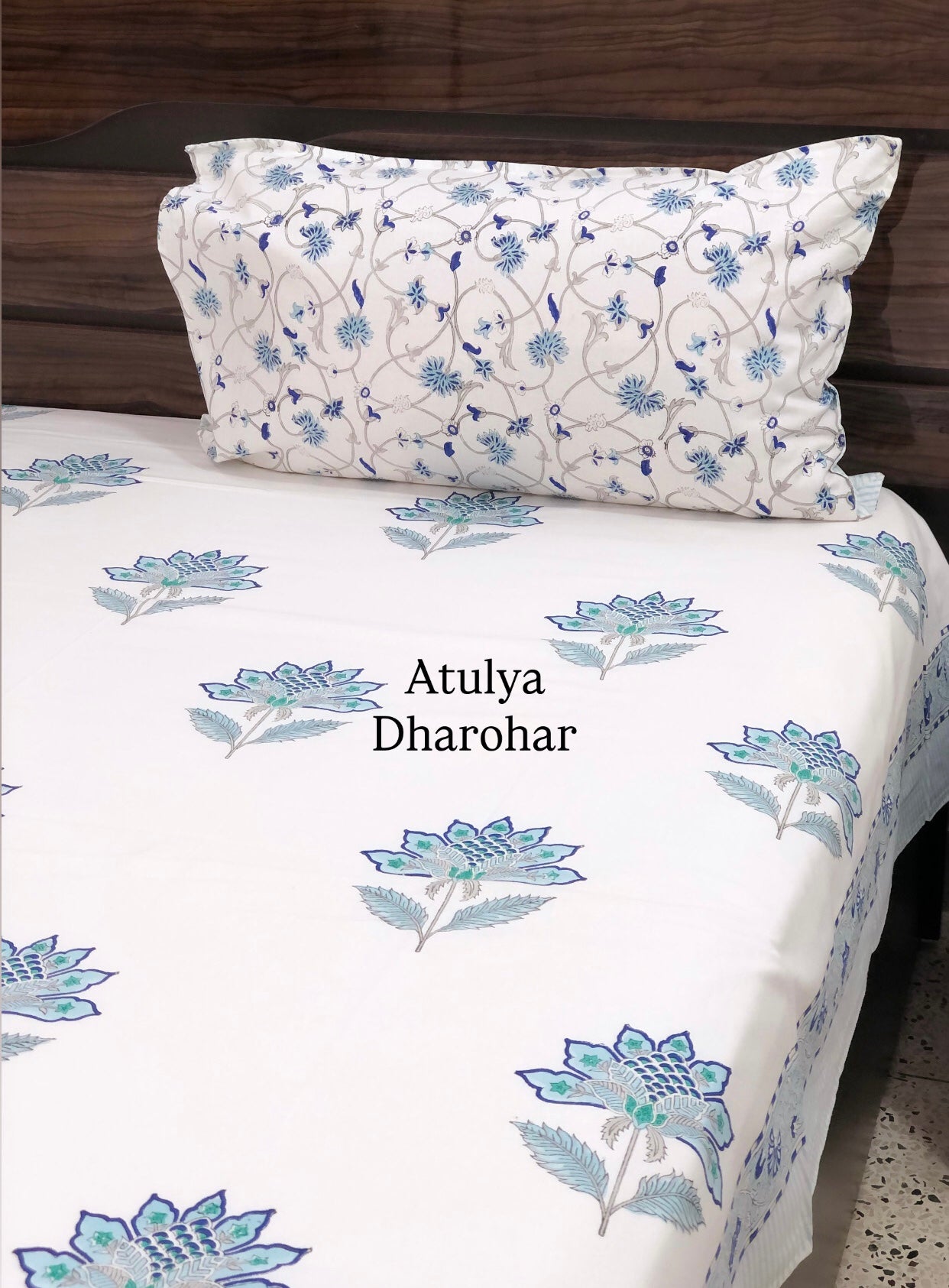 Blue Floral Motifs Hand Block Super King Bedsheet