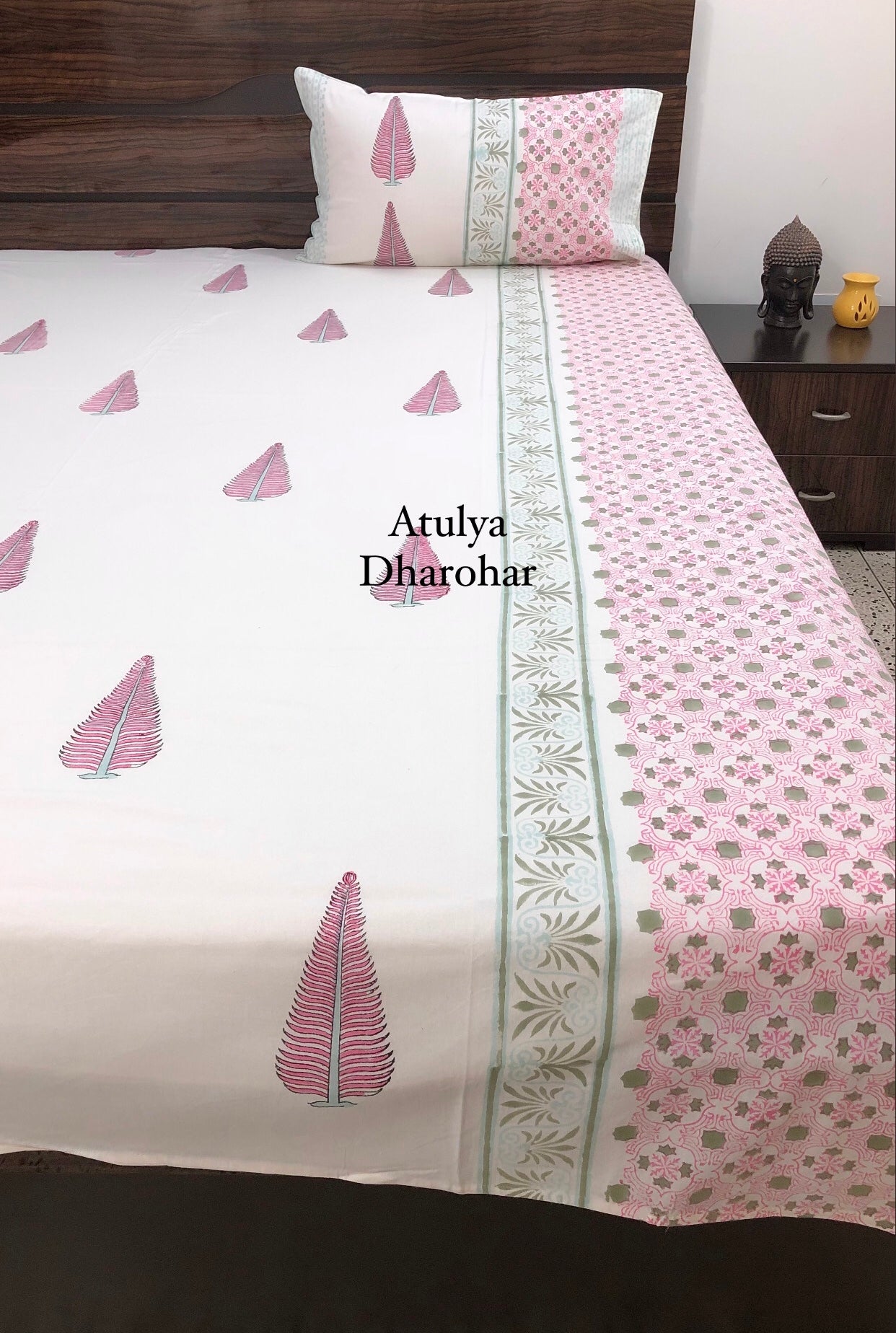 Pink Pine Motifs Designer Hand Block Printed Bedsheet