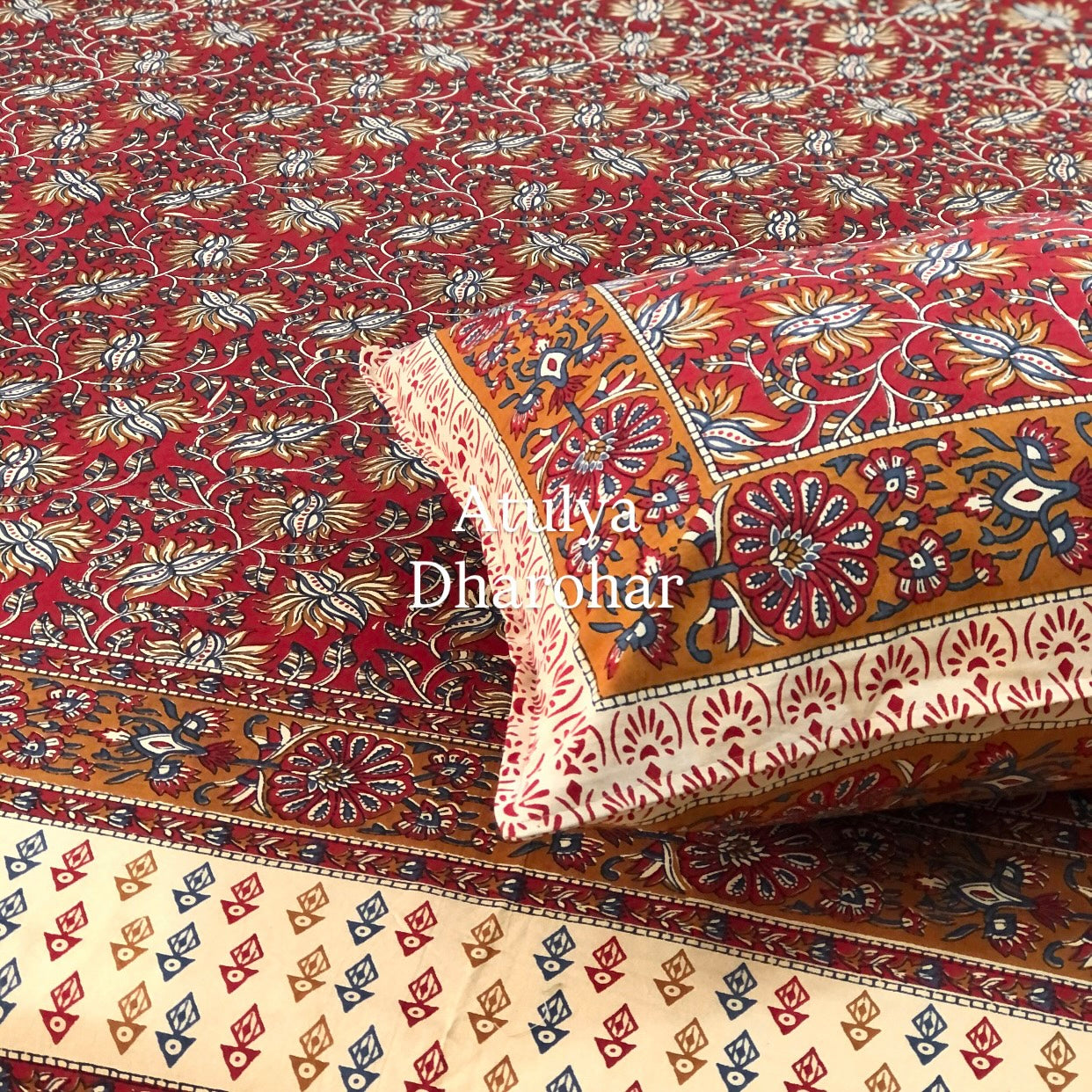 Maroon and Mustard Cotton Kalamkari Super King Bedsheet