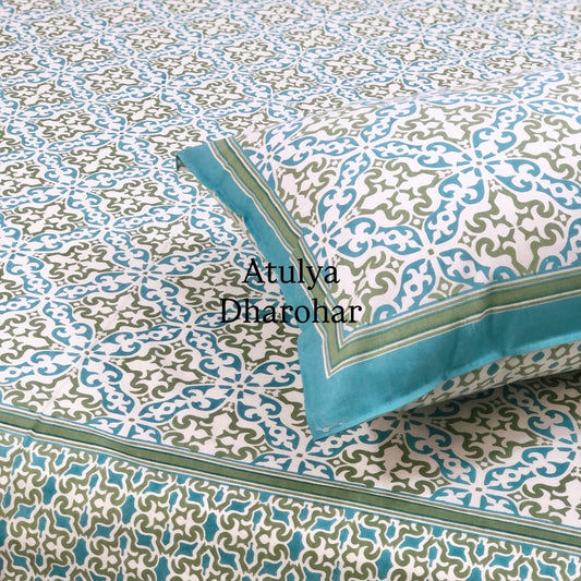 Turquoise and Green Mughal Jaal Cotton King Size Bedsheet