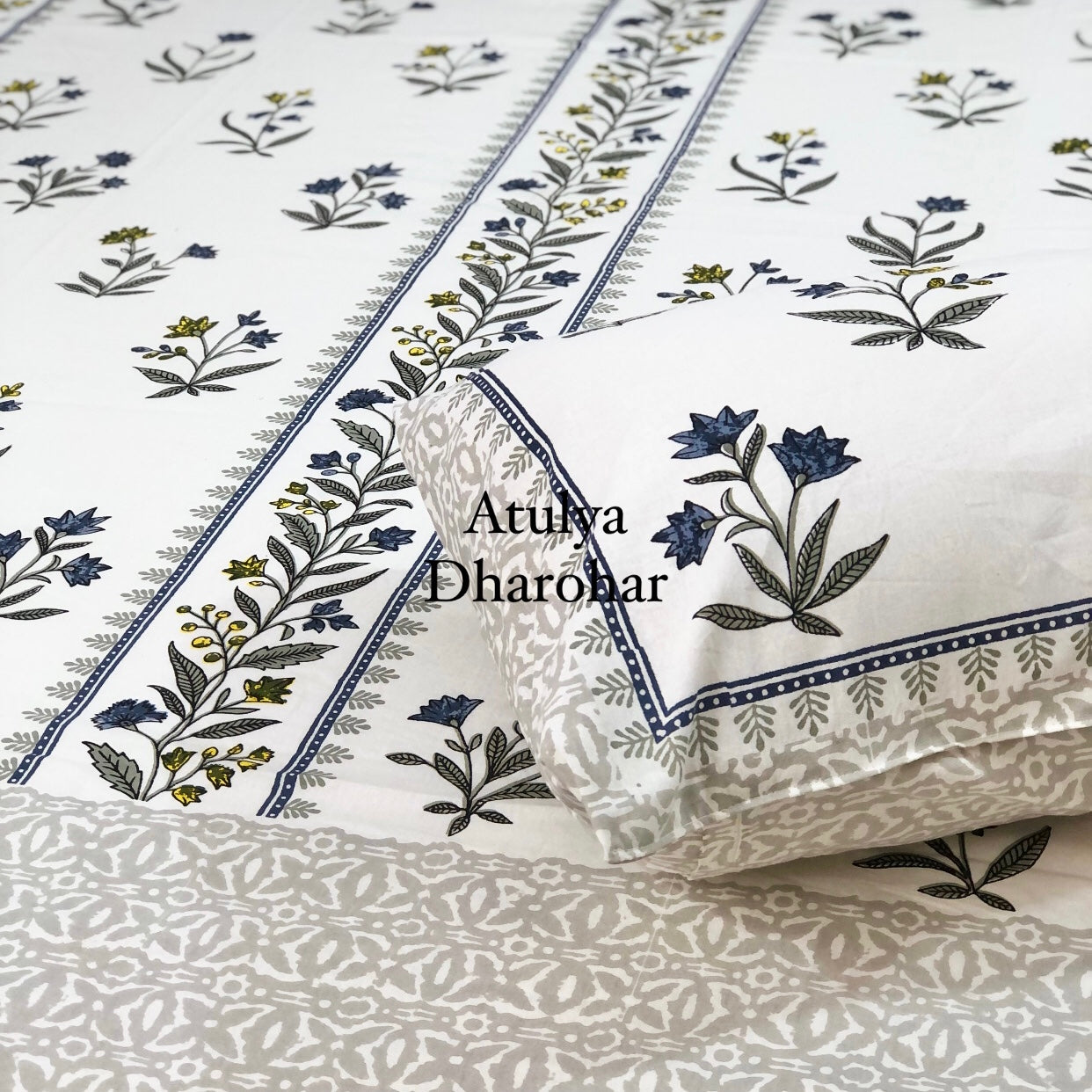 Blue Floral Motifs Super King Bedsheet