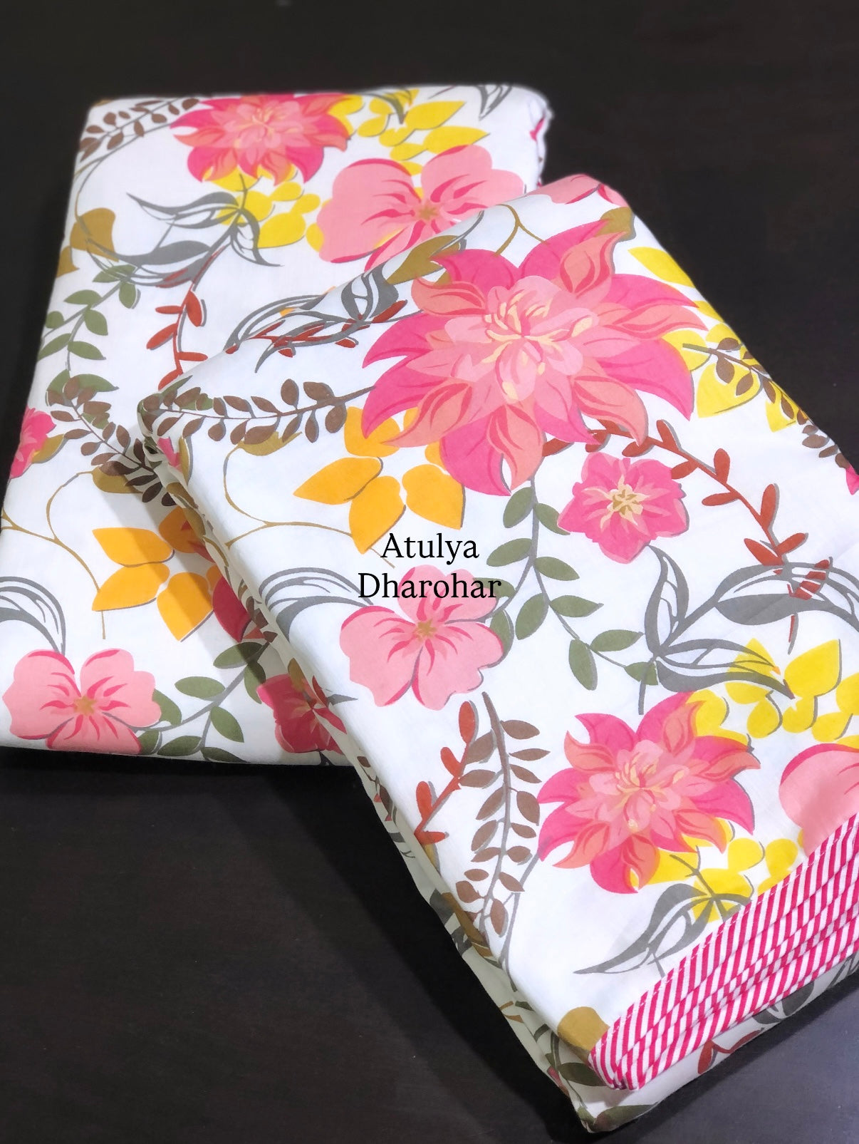 Pink and Yellow Floral Mulmul Single Dohar Pair