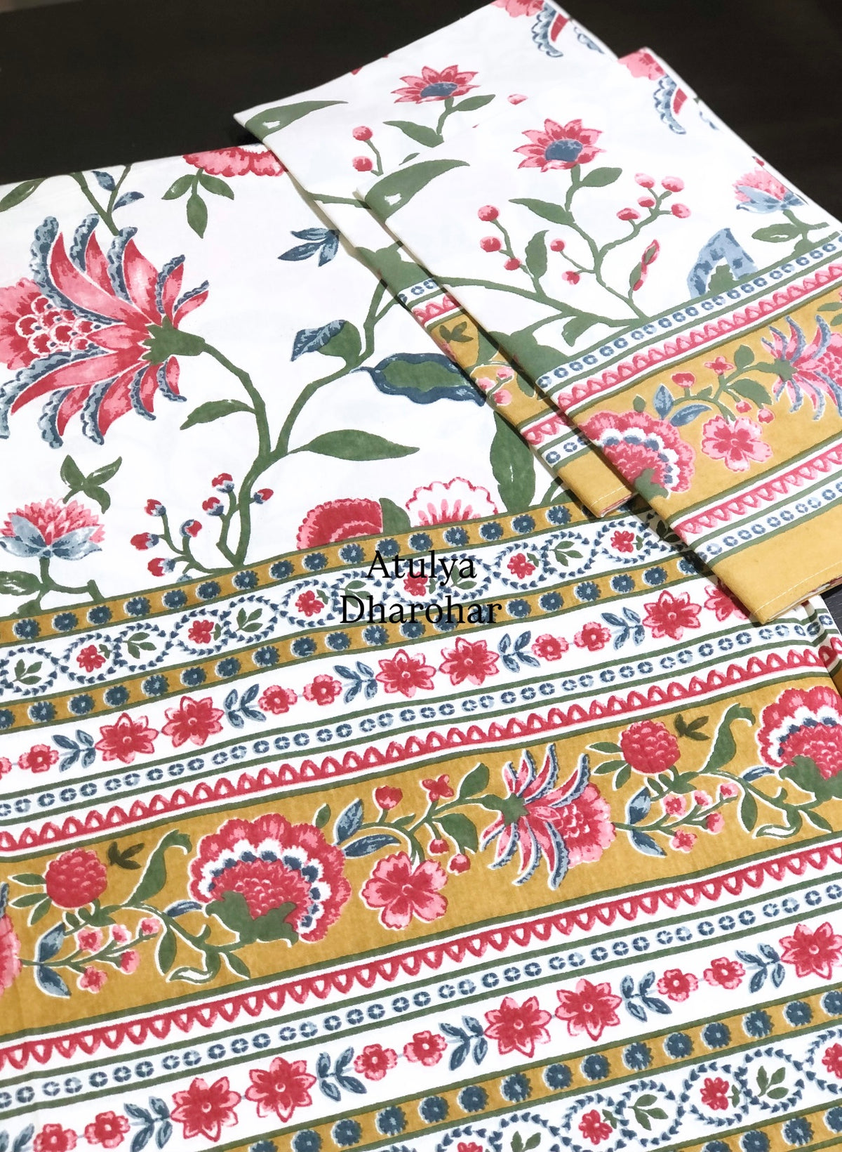 Red and Mustard Floral Jaal Cotton Super King Bedsheet