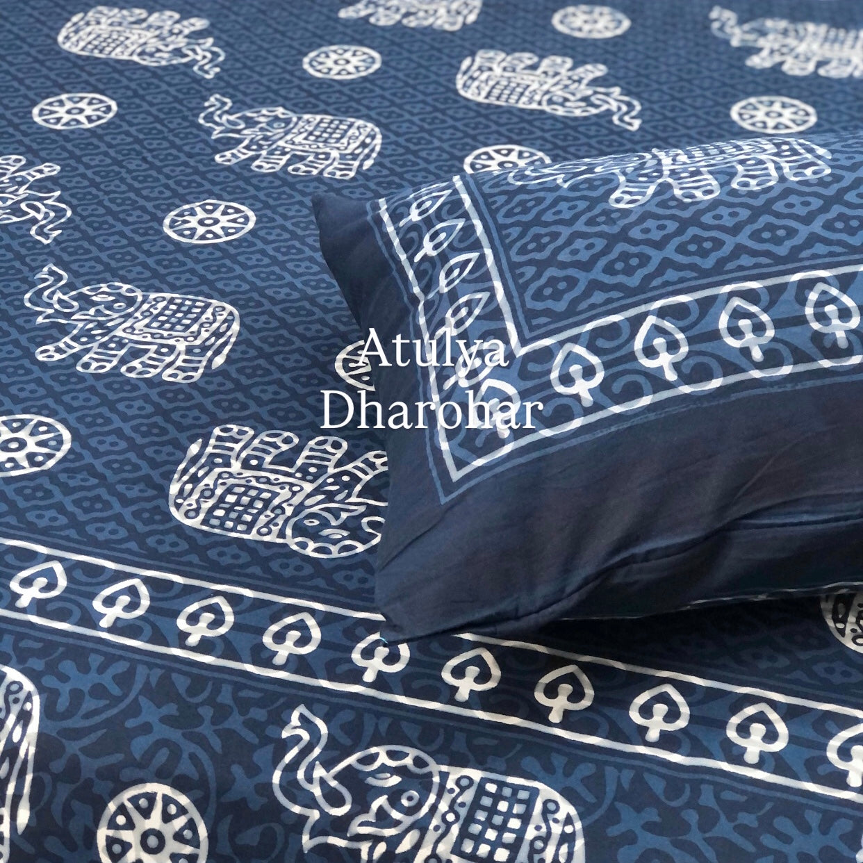 Indigo Elephant Motifs Cotton Super King Bedsheet