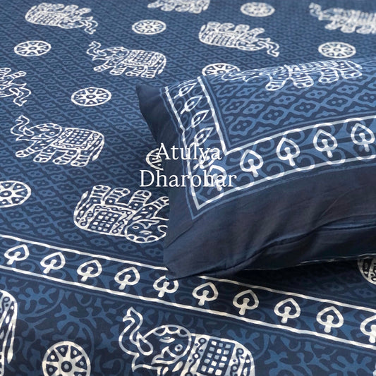 Indigo Elephant Motifs Cotton Super King Bedsheet