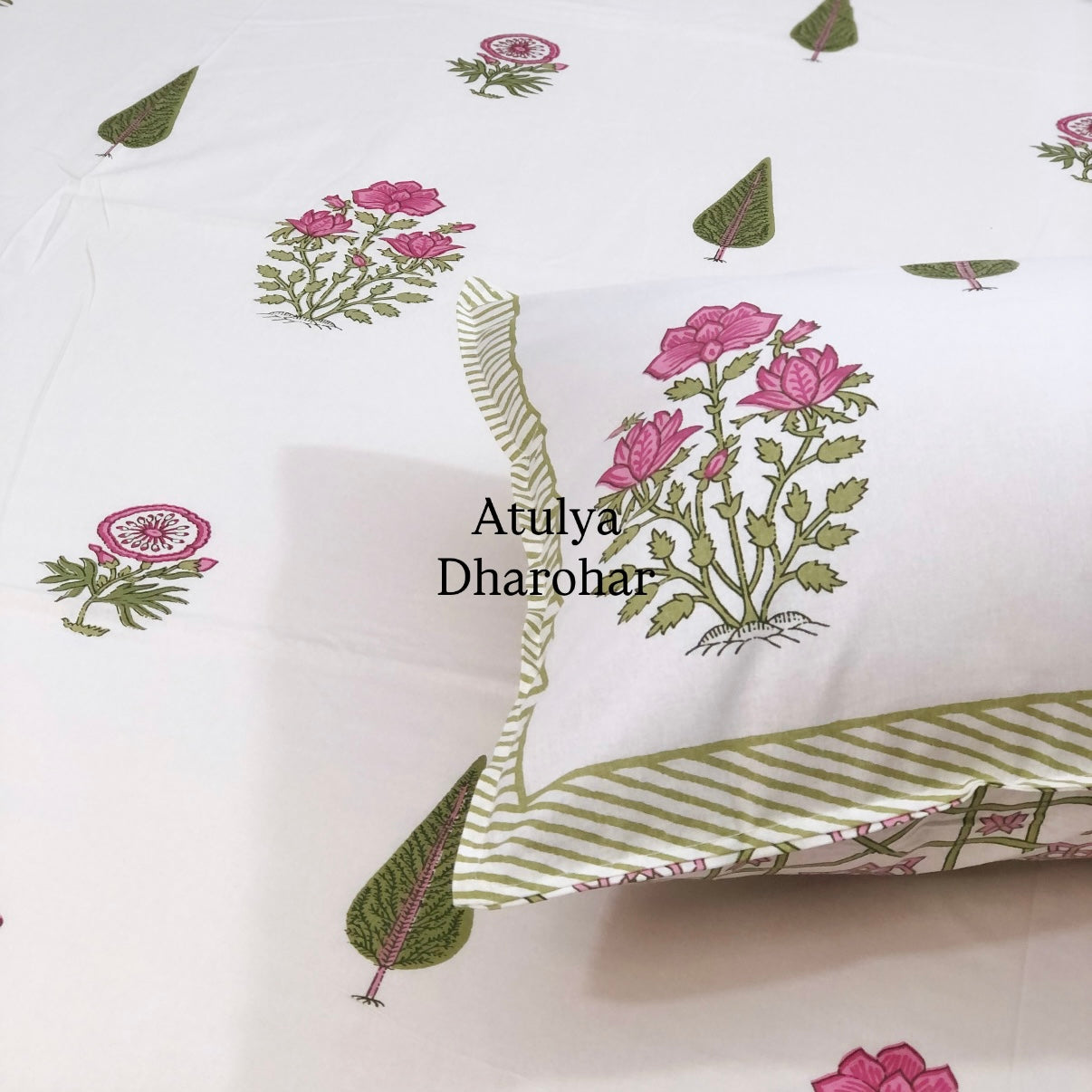 Pink and Green Floral Motifs Cotton Super King Bedsheet