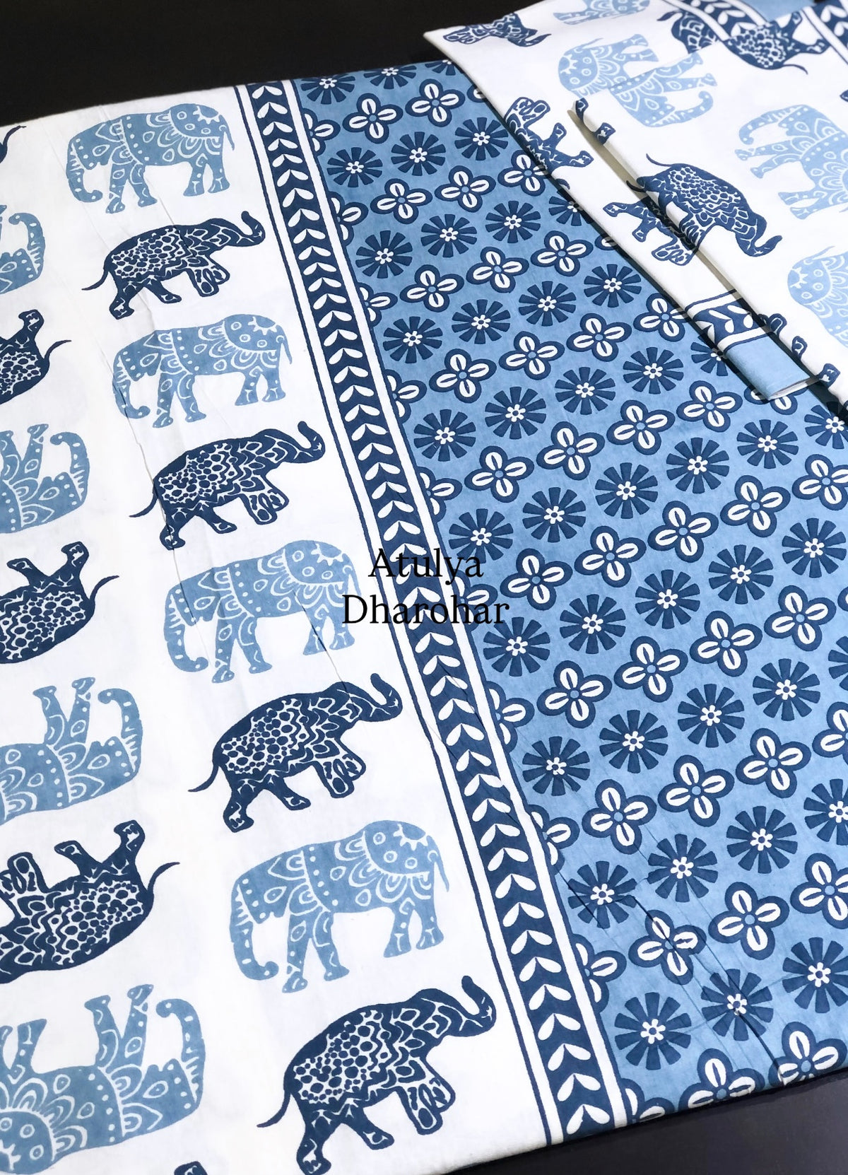 Blue Elephant Motifs Cotton Super King Bedsheet