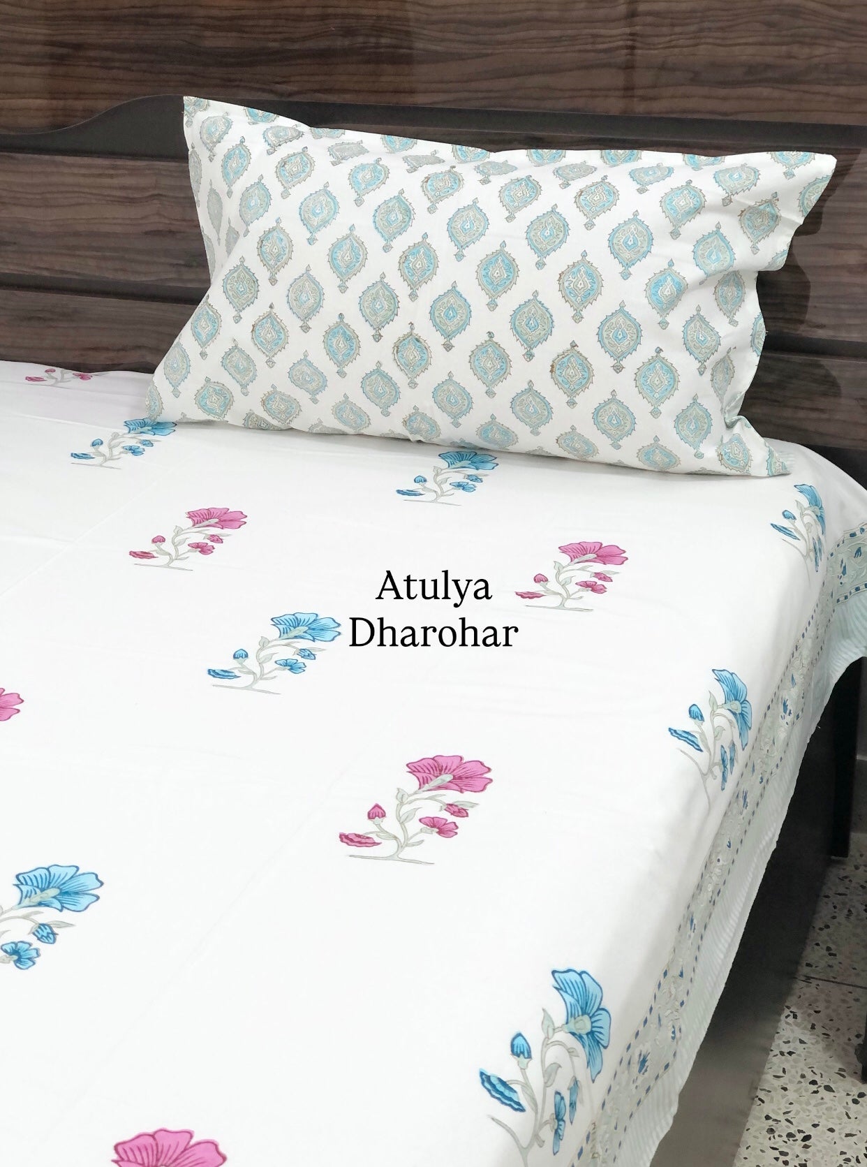 Blue and Pink Floral Motifs Cotton Hand Block Super King Bedsheet