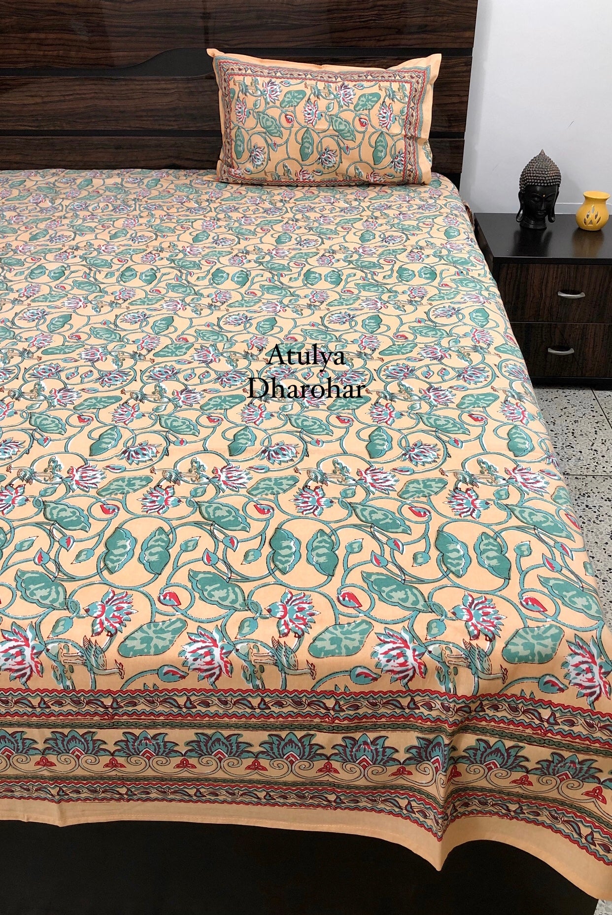 Green Lotus Jaal Cotton Bedsheet