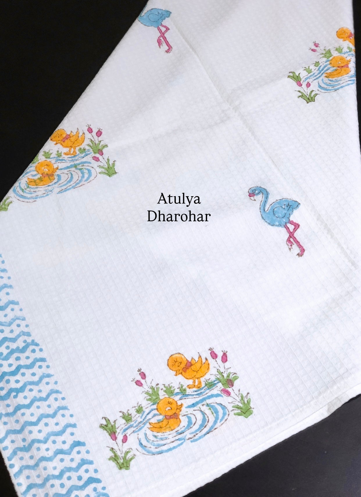 Flamingo and Ducks Hand Block Printed Waffle Cotton Kids Towel