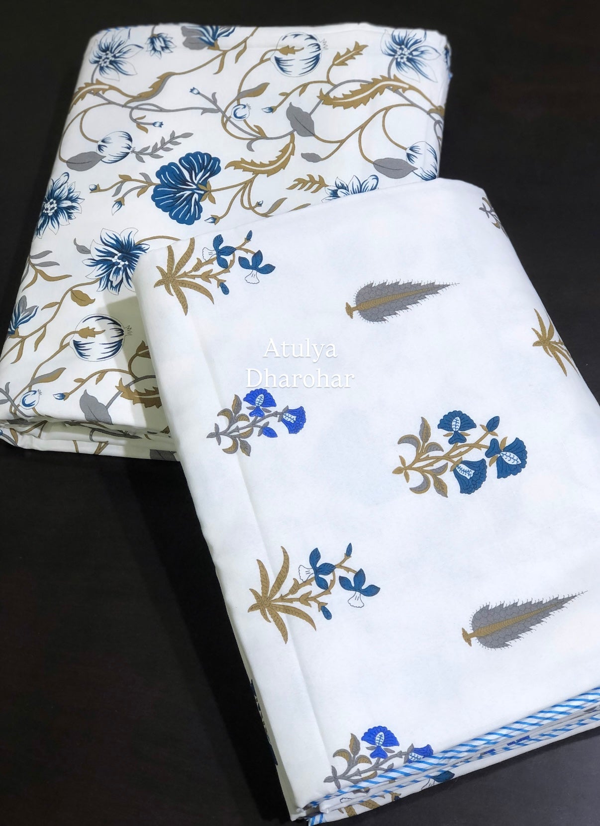 Blue Floral Motifs Cambric Cotton Single Dohar Pair