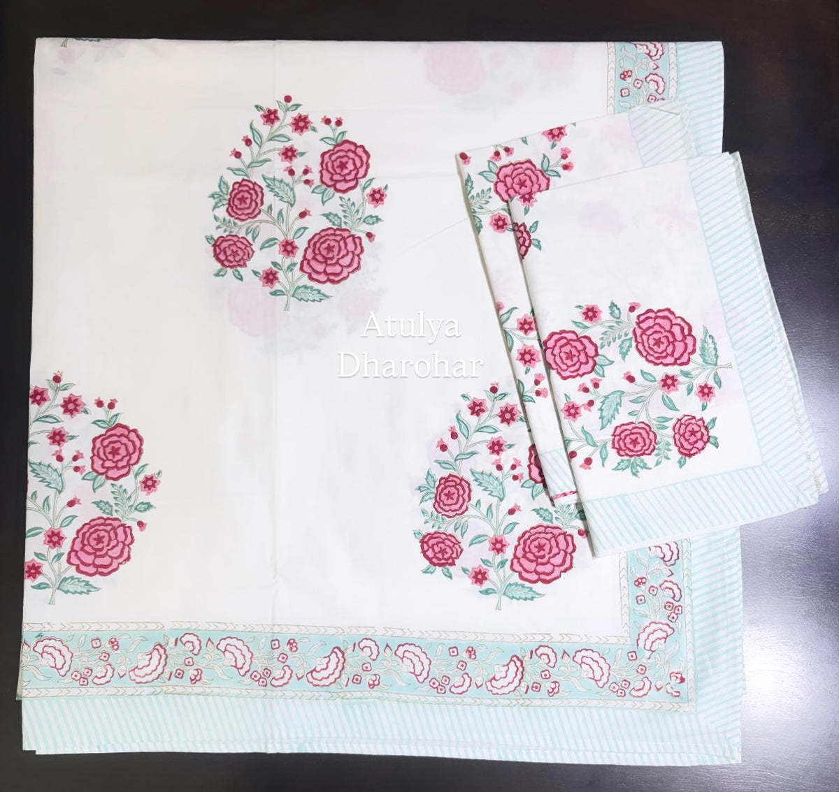 Pink Floral Motifs Percale Cotton Hand Block Printed Super King Bedsheet