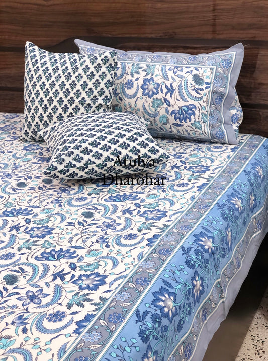 Blue Floral Jaal Super King Bedsheet