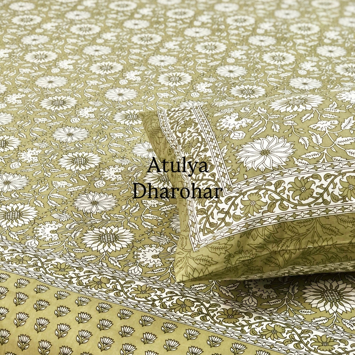 Green Floral Jaal Cotton King Size Bedsheet