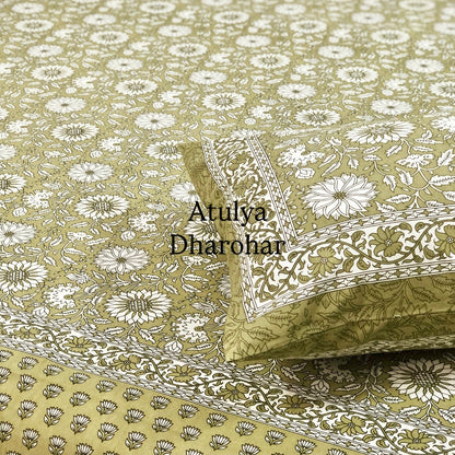 Green Floral Jaal Cotton King Size Bedsheet