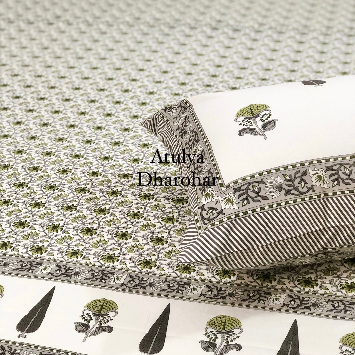 Green and Grey Floral Jaal Bedsheet