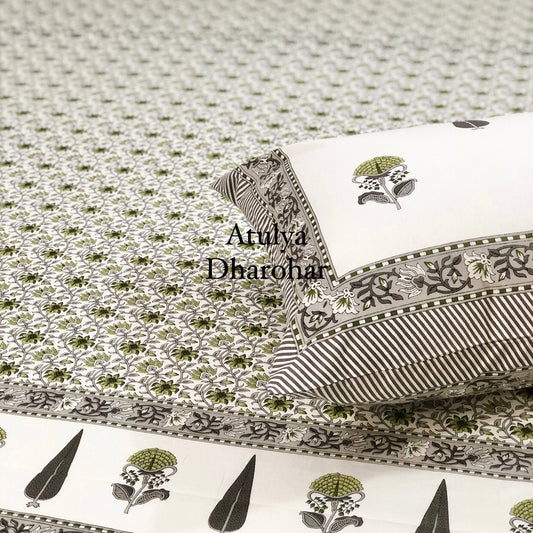 Green and Grey Floral Jaal Bedsheet