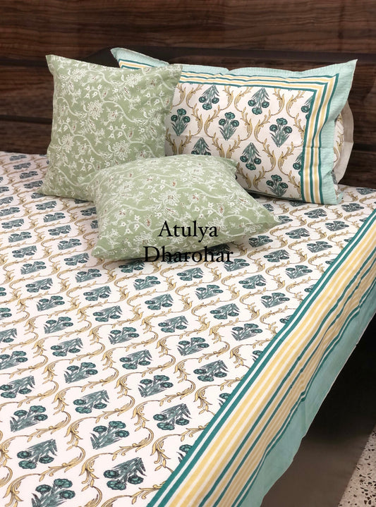 Turquoise Floral Mughal Jaal Bedsheet